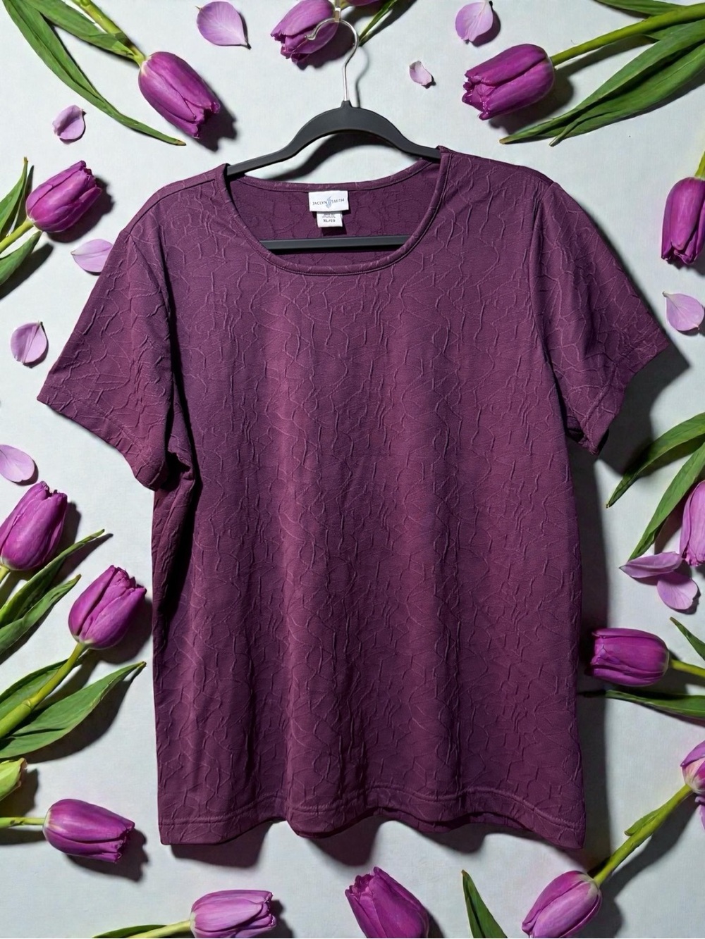 Jaclyn Smith Plum Short Sleeve Pintucked Wrinkly Textured Top